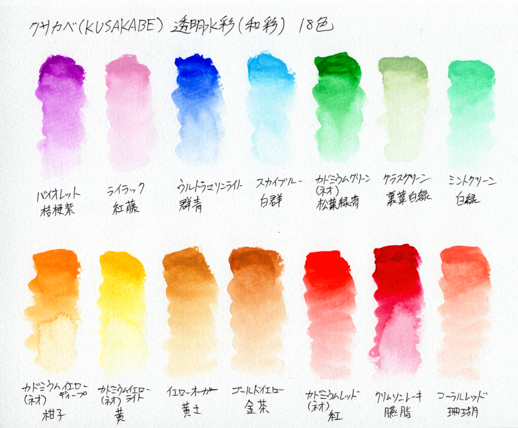 クサカベ Kusakabe 透明水彩 和彩18色の自作色見本と作成イラスト ダージのアトリ絵